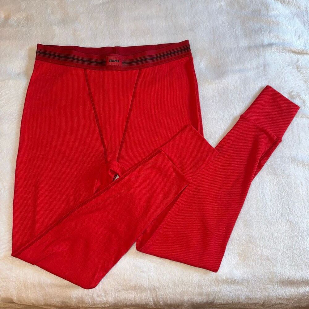 Skims Women’s Large Red Cotton Ribbed Ankle Leggings Black Logo Waistband NWT